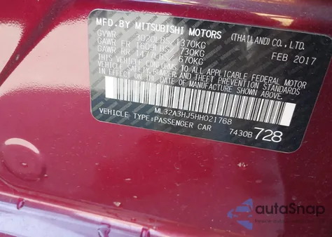 2017 Mitsubishi Mirage Es z USA, uszkodzony, nr VIN ML32A3HJ5HH021768